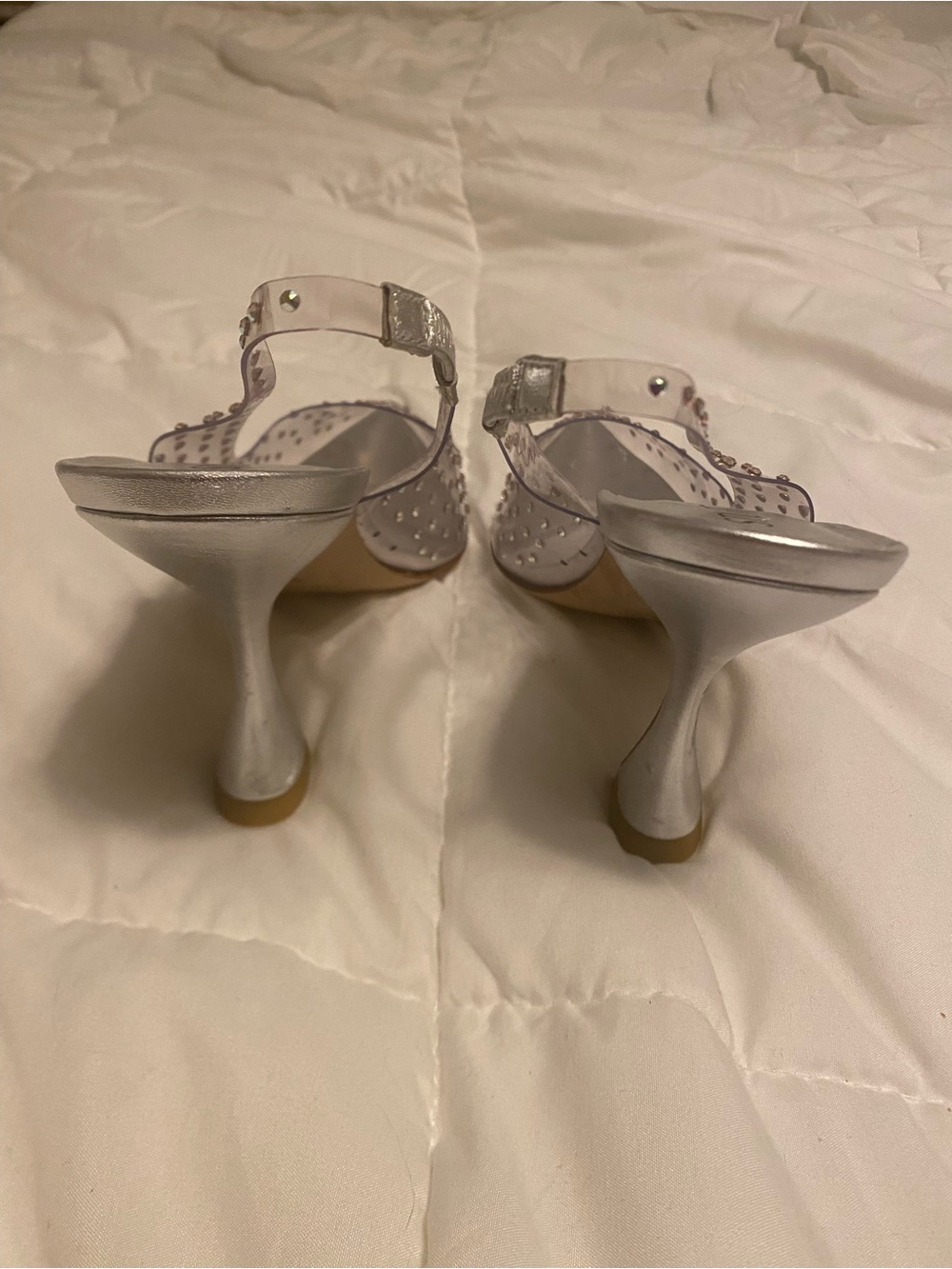 Stuart Weitzman Silver Pointed Slingback Heels with Crystal Studs - Picture 6 of 7